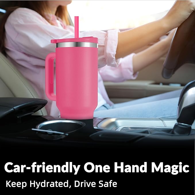 WETOWETO 40oz Tumbler with Handle | Insulated Stainless Steel Travel Mug | 34Hrs Cold & 10Hrs Hot Retention | 100% Leakproof Lid & Straw | Dishwasher Safe + Car Cup Holder Fit (Bright Pink)