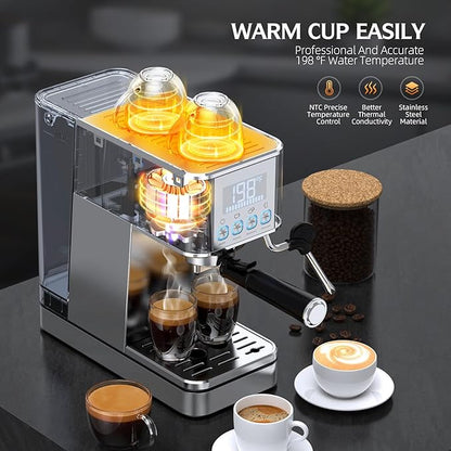 Espresso Machine, 20Bar Compact Stainless Espresso Maker, With Milk Frother Steam Wand, 57.5OZ Water Tank, Displays Making Time & Water Temperature, Cold Brew, Silver (2025 updated model)