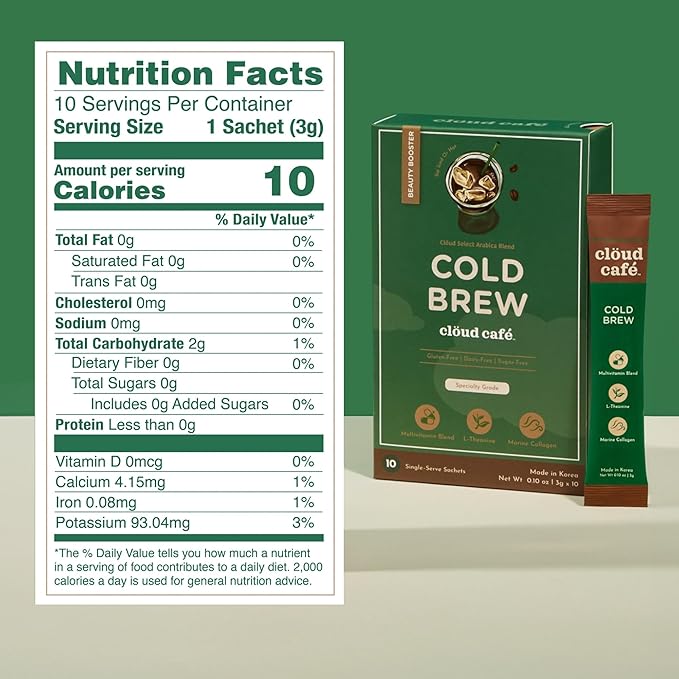 Clöud Café Collagen Infused Cold Brew Instant Coffee Packets - Multivitamin Powder, L-Theanine Amino Acids, & Marine Collagen Single Serve Instant Coffee Powder (10 Sachets)