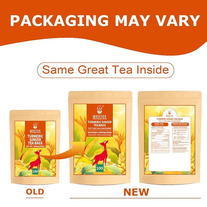 WT WEETEE Turmeric Ginger Tea Bags, 100% Pure Turmeric and Ginger Root Herbal Blend Savory & Spicy, Natural Caffeine-free Spice Tea