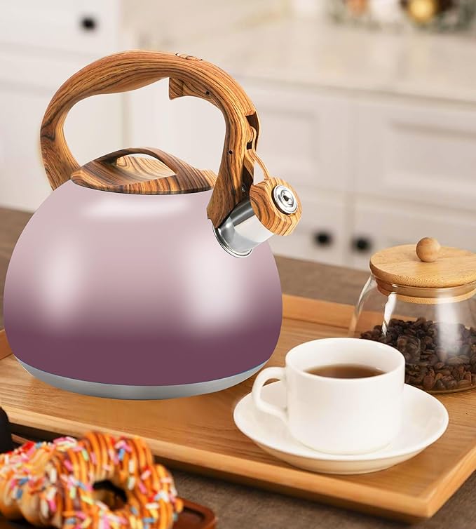 Tea Kettle for Stove Top, 3.2QT Whistling Tea Pots with Wood Parttern Handle, Stainless Steel Teapot for Home and Kitchen (Purple Gradient)