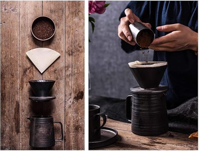 Handmade Stoneware Pour Over Drip Coffee Maker & Cups Set, Coffee Brewer Dripper Cone Filter, Coffee Decanter & Espresso Cups & Saucers Gift Set, Annular Veins Retro Metallic Glazed,16oz