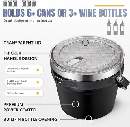 COKTIK 7L Vacuum Insulated Ice Bucket with Lid and Scoop& Tongs，Large capacity Stainless Steel Beverage Bucket for Cocktail, Champagne, Wine, Beer，Large Parties（Carbon Black Suit）
