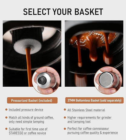 STARESSO Classic Portable Espresso Maker, 2 IN 1 Travel Coffee Maker Compatible Ground Coffee & NS Original Pods, Espresso Machine with Stainless Steel Chamber for Travel Camping, Manually Operated