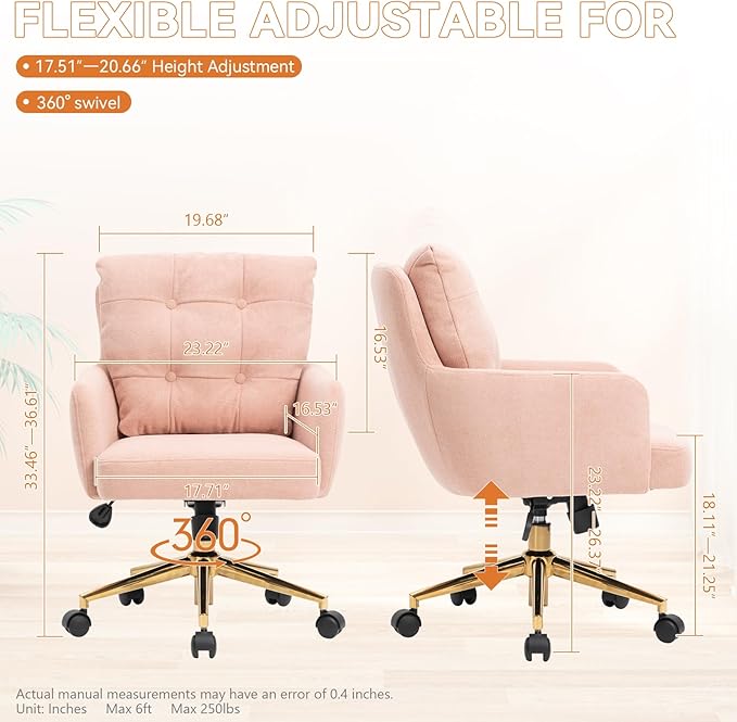 Flannel Office Chair, Comfy Home Office Desk Chairs with Lumbar Support, Modern Velvet Desk Chair Gold Legs Small Swivel Task Chair for Home Office, Bedroom, Study (Pink, L)