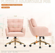 Flannel Office Chair, Comfy Home Office Desk Chairs with Lumbar Support, Modern Velvet Desk Chair Gold Legs Small Swivel Task Chair for Home Office, Bedroom, Study (Pink, L)
