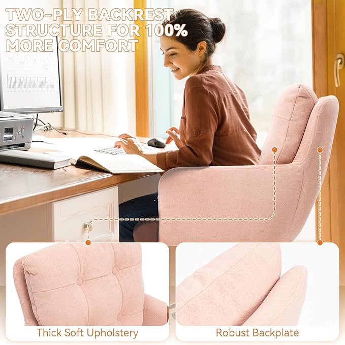 Flannel Office Chair, Comfy Home Office Desk Chairs with Lumbar Support, Modern Velvet Desk Chair Gold Legs Small Swivel Task Chair for Home Office, Bedroom, Study (Pink, L)