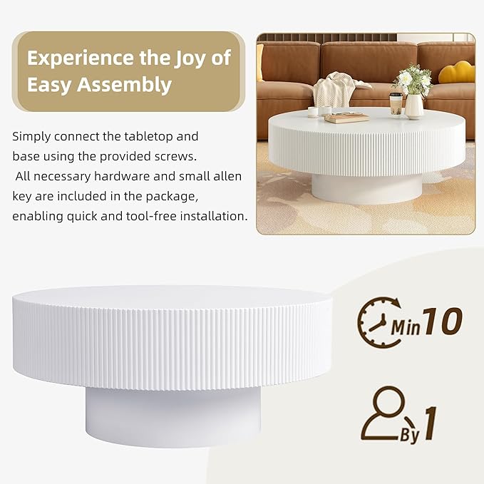 31.5 Inch Round Drum Coffee Table, Modern Handcraft Fluted Drum Coffee Table, Wooden Round Coffee Table Center Table Cocktail Table with Stable Pedestal for Living Room Apartment (White)