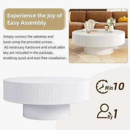 31.5 Inch Round Drum Coffee Table, Modern Handcraft Fluted Drum Coffee Table, Wooden Round Coffee Table Center Table Cocktail Table with Stable Pedestal for Living Room Apartment (White)