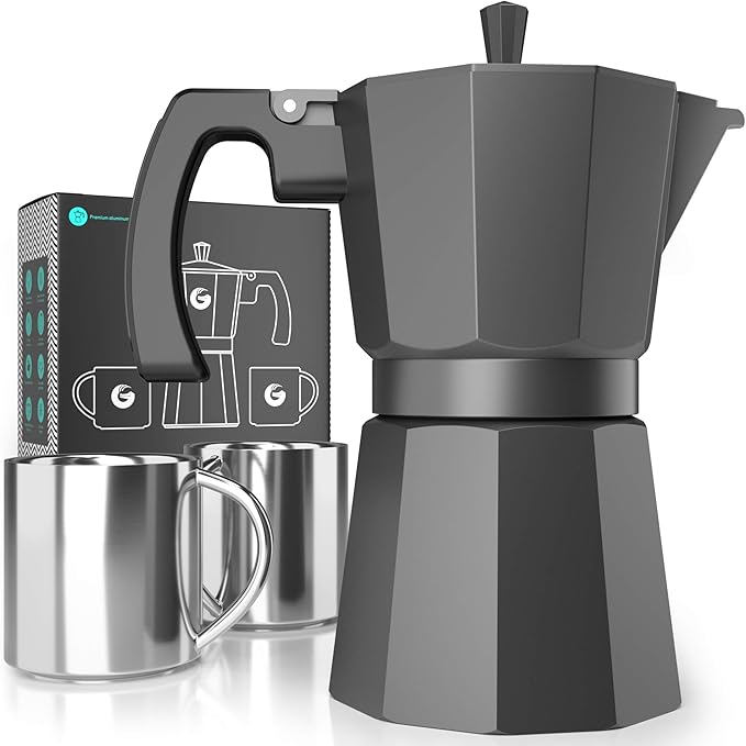 Coffee Gator Moka Pot - 6 Cup, 12oz Stovetop Espresso Maker - Classic Italian and Cuban Coffee Percolator w/ 2 Stainless-Steel Cups – Matte Grey Aluminum, 360ml