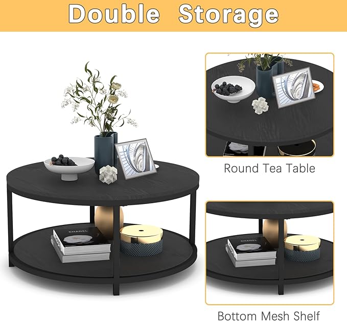 NSdirect Round Coffee Table, 36" Rustic Wooden Surface Top & Sturdy Metal Legs Industrial Sofa Table for Living Room Modern Design Home Furniture with Storage Open Shelf (Black Oak)