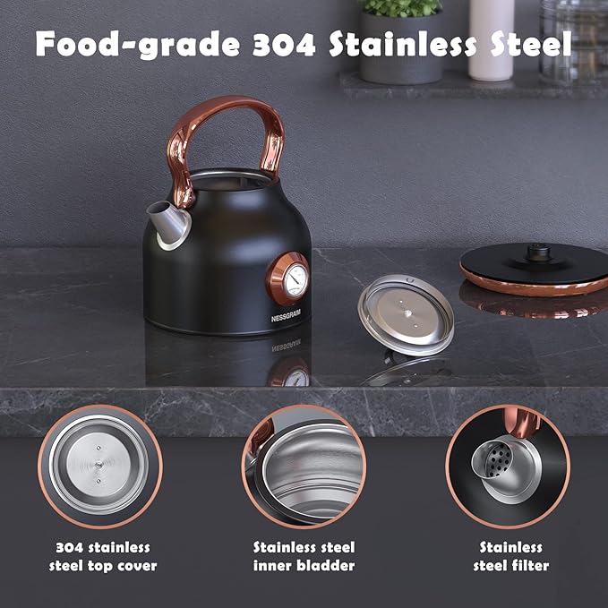 Retro Electric Kettle, 1.7L Stainless Steel Tea Kettle with Large Temperature Gauge, 1500W Fast Heating Hot Water Boiler with LED Indicator, Auto Shut-off & Boil-Dry Protection-Reteo Black