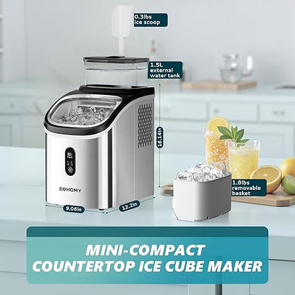 EUHOMY Ice Cube Maker Machine Countertop with External Water Tank, 34Lbs, 16Pcs Ready in 13 Mins, 2 Ways to Add Water, Auto-Cleaning, with Ice Scoop & Basket, for Home/Kitchen/Office/Bar (Silver)