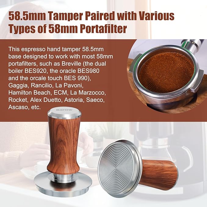 58.5mm Espresso Hand Tamper, Dual Calibrated Spring Loaded Coffee Tamper with Stainless Steel Ripple Base, Pro-barista 30lbs Espresso Tamper with Red Rosewood Handle Fits 58mm Portafilter