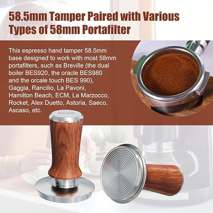 58.5mm Espresso Hand Tamper, Dual Calibrated Spring Loaded Coffee Tamper with Stainless Steel Ripple Base, Pro-barista 30lbs Espresso Tamper with Red Rosewood Handle Fits 58mm Portafilter
