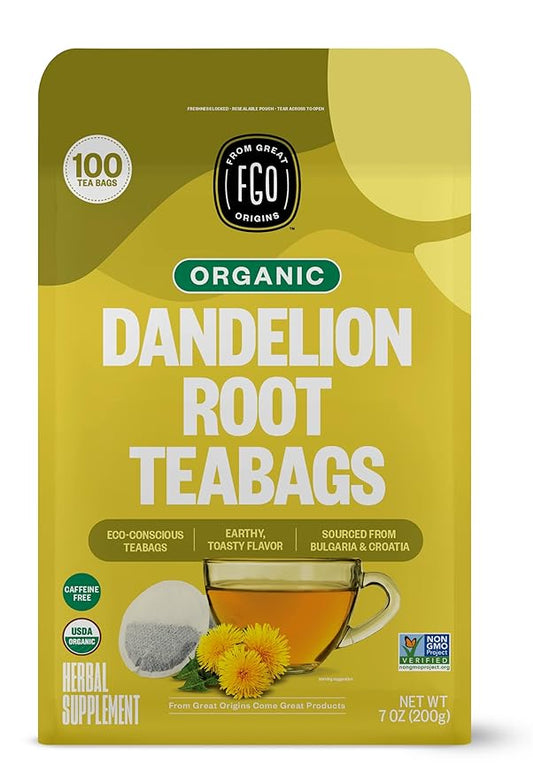 FGO Organic Roasted Dandelion Root Tea, 100 Count, Eco-Conscious Tea Bags, Resealable Bag, Caffeine Free, Packaging May Vary (Pack of 1)