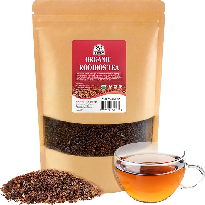 52USA Organic Rooibos Tea, 1 LB, Red Rooibos Loose Leaf Tea, Naturally Caffeine-Free, Pure South African Red Bush Herbal Tea, Non-GMO, USDA Organic
