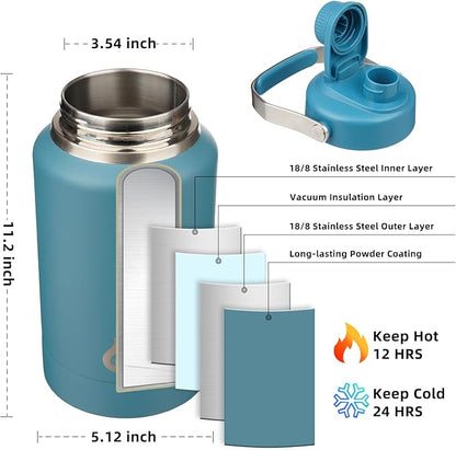 BJPKPK 64oz Insulated Water Bottles, Dishwasher Safe Half gallon Water Bottle with Metal Handle, BPA Free Spout Lid & Detachable Bowl, Large Stainless Steel Jugs, Navy Blue