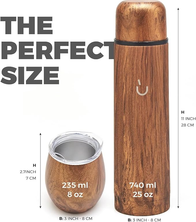 BALIBETOV Complete Yerba Mate Set - Modern Mate Gourd, Thermal Flask, Bombilla and Cleaning Brush Included - All Premium Quality 304 18/8 Stainless Steel (Wood)