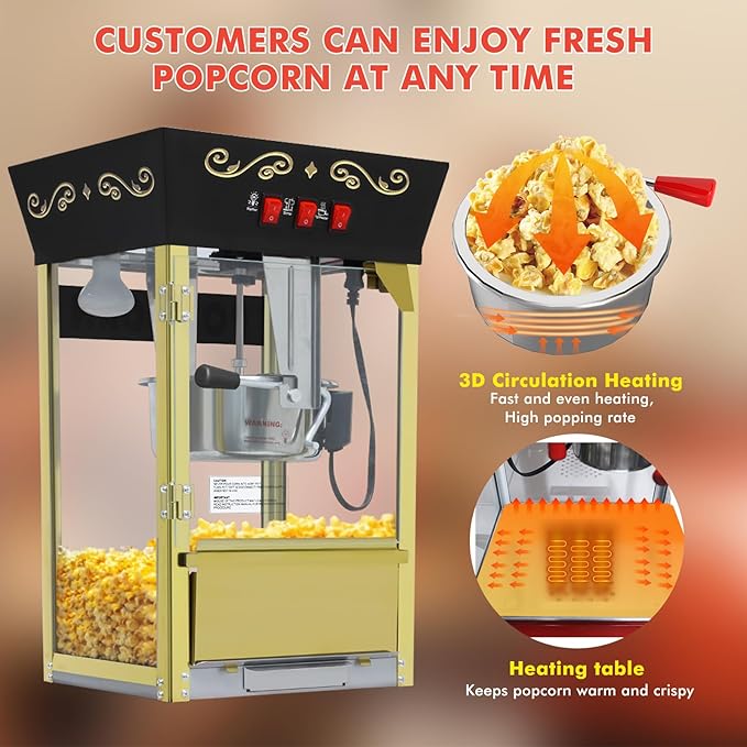 Popcorn Machine with Cart, Wheels & 12 Oz Kettle, Popcorn Maker Machine Vintage Style Movie Theater Popcorn Machine for Parties, Events, Commercial, and Home Theater