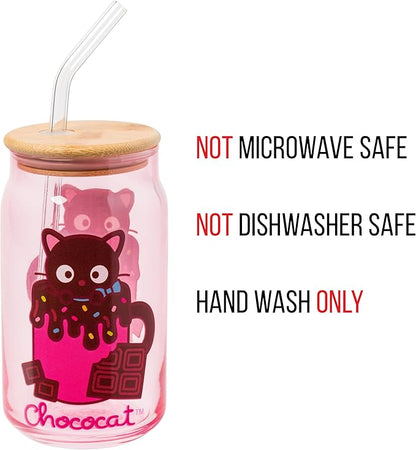 Silver Buffalo Sanrio Hello Kitty & Friends Chococat Chocolate Pink Glass Jar Tumbler with Bamboo Lid and Glass Straw, 16 Ounces