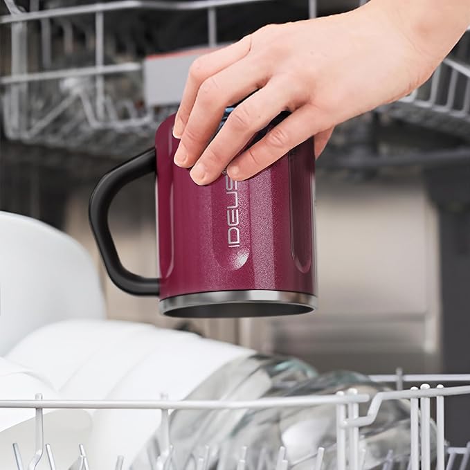 Ideus 16 oz Coffee Cup, Stainless Steel Coffee Travel Mug, Spill Proof Tea Mug with Handle and Lid, Lightweight and Durable, Great for Office Home and Outdoor Use, Red