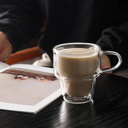 NIRA.Z 4 Pack Double Wall Glass Coffee Mugs 12 OZ Insulated Espresso Cups with Handle, Stackable Thermal Glass Coffee Cups, Ideal for Hot & Cold Drinks, Juice, Americano, Latte, Tea Bags, Cappuccinos