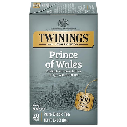 Twinings Prince of Wales Black Tea Individually Wrapped Bags, 20 Count (Pack of 1), Velvety Smooth & Mild, Caffeinated, Enjoy Hot or Iced, 20 Teabags
