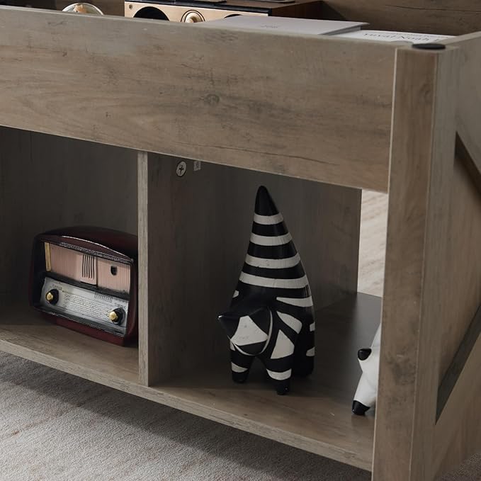 VINGLI Farmhouse Lift Top Coffee Table, Rustic Grey with Storage Shelf/Hidden Compartment, Mesa De Centro para Sala