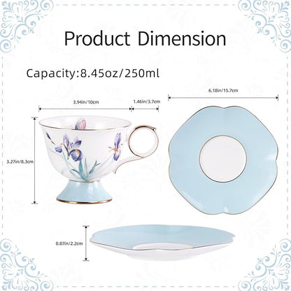 KAMMAK Ceramic Coffee Cups Saucers Set of 2, Porcelain Espresso Cups with Saucers, 8.45 oz Handcrafted Elegant Bone China Tea Cups, Iris Flower & Butterfly Pattern Teacup for Party, Office, Gift