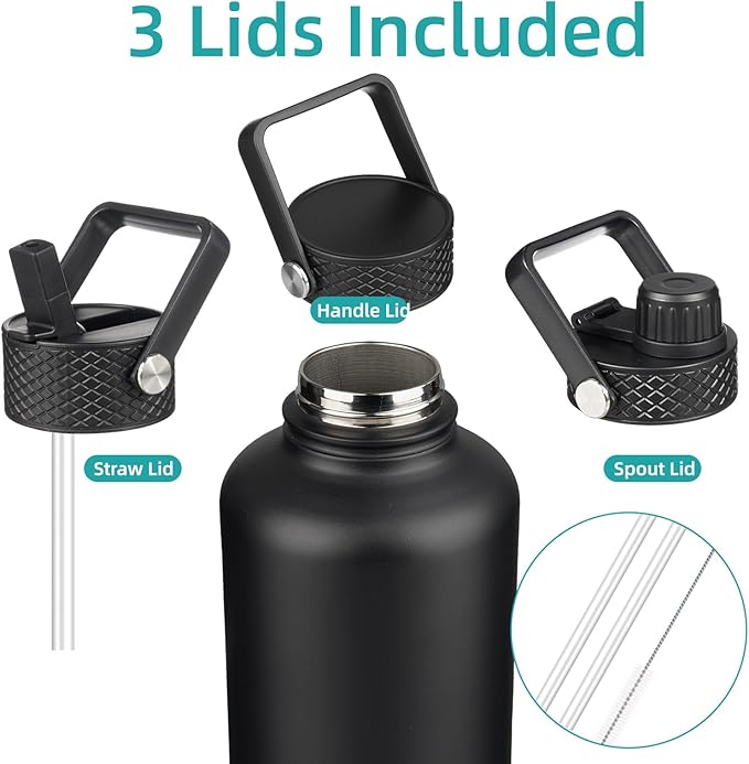 Insulated Water Bottle with Straw,50 oz 3 Lids Water Jug with Carrying Bag,Paracord Handle,Double Wall Vacuum Stainless Steel Metal Flask,Black