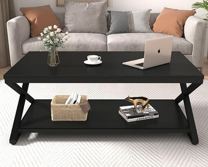 HSH Black Coffee Table Modern, 47 Inch Simple Rectangle Cocktail Table with Storage Display Shelf, 2 Tier Minimalist Industrial Wooden and Metal Center Tea Table for Living Room Office, Black Oak
