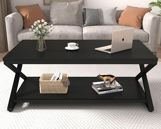 HSH Black Coffee Table Modern, 47 Inch Simple Rectangle Cocktail Table with Storage Display Shelf, 2 Tier Minimalist Industrial Wooden and Metal Center Tea Table for Living Room Office, Black Oak