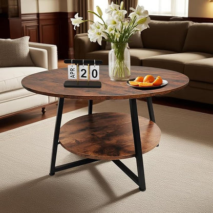 2-Tier Circle Coffee Table with Storage Modern Circular Coffee Table 28.35in Wood Rustic Table for Living Room, Small Space, Home Office, Easy Assembly (Rustic Brown)