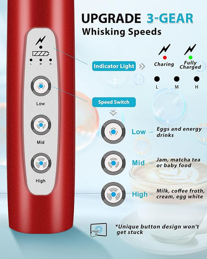 Milk Frother Rechargeable Handheld-Electric Whisk 3 Speed Adjustable, Frother Wand Coffee with 3 Stainless Whisks, Electric Foam Maker, Drink Mixer Blender for Latte Cappuccino Matcha Egg