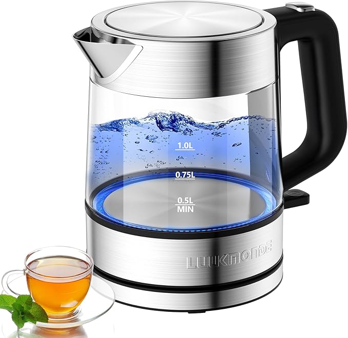 LUUKMONDE Electric Kettle, 1L 1500W, Small Glass Tea Kettle, Hot Water Boiler with LED Indicator, Cordless Water Heater Kettle, BPA-Free, Fast Boiling, Auto Shut-Off, Boil-Dry Protection