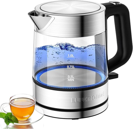 LUUKMONDE Electric Kettle, 1L 1500W, Small Glass Tea Kettle, Hot Water Boiler with LED Indicator, Cordless Water Heater Kettle, BPA-Free, Fast Boiling, Auto Shut-Off, Boil-Dry Protection