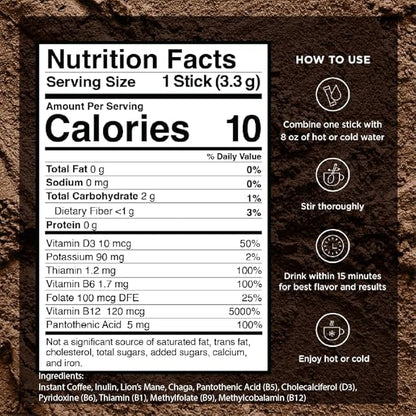 VitaCup Focus Mushroom Coffee Instant Packets, for Memory & Clarity Support, w/Fiber, Chaga, Lion’s Mane, D3, B Vitamins, Medium Roast, 100% Arabica & Robusta Coffee in Single Serve Sticks, 48 Ct