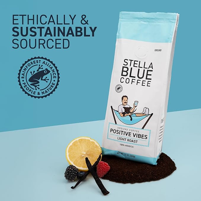 Stella Blue Ground Coffee, Positive Vibes Blend, Light Roast, Fresh Coffee Ground 100% Arabica, Smooth Balanced Roast with Distinct Flavor Notes, Ethically Sourced Coffee Beans, 12 oz Bag
