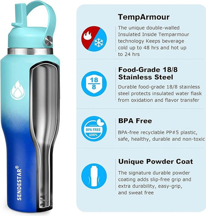 SENDESTAR 40oz Stainless Steel Water Bottle(Cold for 48 Hrs, Hot for 24 Hrs),Double Wall Vacuum Insulated Bottle with Straw Lid, Spout Lid and Flex Cap, Fit in Any Car Cup Holder