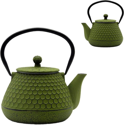 20.3oz Cast Iron Teapot, Small Tea Kettle for Stovetop Safe With Enameled Interior, Stainless Steel Infuser for Loose Tea (Green Honeycomb Pattern)