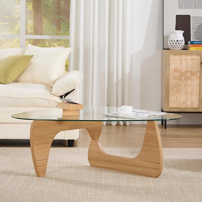 Modern Triangle Coffee Table, 44.5'x32'x16.5', Transparent Glass Top, Walnut Base