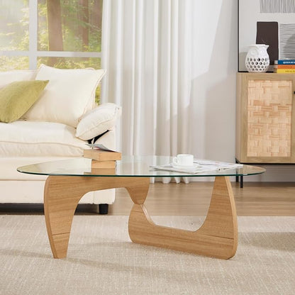 Modern Triangle Coffee Table, 44.5'x32'x16.5', Transparent Glass Top, Walnut Base