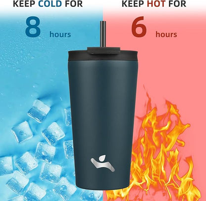 18 OZ Insulated Tumbler with Lid and 2 Straws Stainless Steel Water Bottle Vacuum Travel Mug Coffee Cup,Navy blue