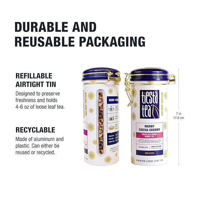 Tiesta Tea - Merry Cocoa Cherry Loose Leaf Tea, Chocolate Cherry Herbal Blend, Non-Caffeinated, Brew Hot or Iced, Refillable Tin Can, Makes up to 50 Cups, 4 Ounce