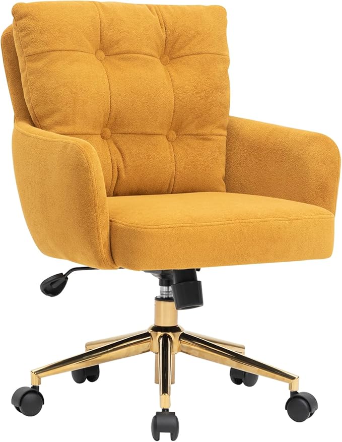 Flannel Office Chair, Comfy Home Office Desk Chairs with Lumbar Support, Modern Velvet Desk Chair Gold Legs Small Swivel Task Chair for Home Office, Bedroom, Study (Yellow, XL)