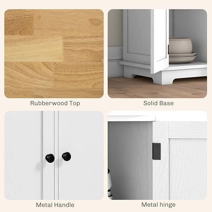 HOMCOM Sideboard with Solid Wood Countertop, Modern Kitchen Storage Cabinet, Coffee Bar Cabinet with 3 Drawers, Doors and Adjustable Shelf, Distressed White