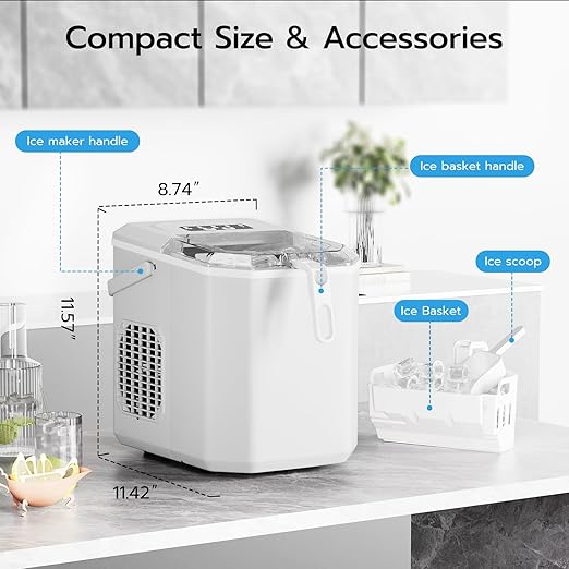 ZAFRO Countertop Ice Maker, 26.5Lbs/24H, 9 Bullet Cubes in 6 Mins, Self-Cleaning Portable Ice Machine with 2 Ice Sizes (S/L), Quiet Compact Design, Double Handles, for Home, Party, RV, Camping, White