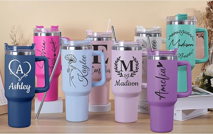 Personalized 40 Oz Tumbler with Handle and Straw, Custom Cup with Name & Birth Flower, Stainless Steel Travel Coffee Tumbler,Personalized Christmas Birthday Gifts for Women, Teen Girls