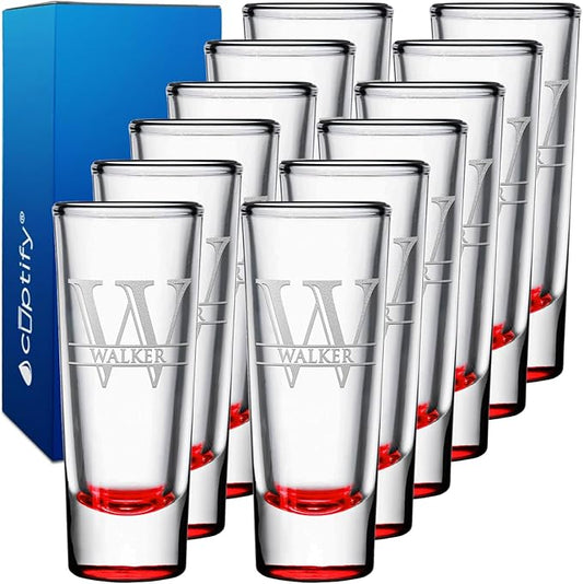 Personalized Shot Glasses Set of 12 Red Bottom Custom 2 oz Cordial Shot Glass Initial and Name for Gifts, Weddings, Birthdays, Party, Event, Decorations